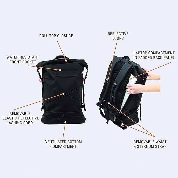 Spin Bag Durable Travel Waterproof Backpack for Men and Women Carry On Bag for Sports Work and Travel with Laptop Sleeve Shoe Compartment and Tactical Features 30 Liter Grey