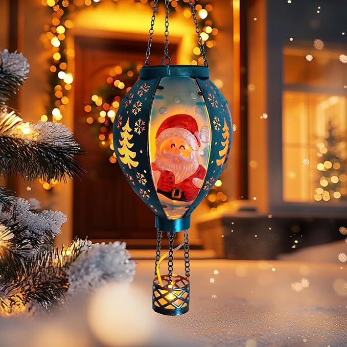 Outdoor Hot Air Balloon Solar Lanterns with Flame Solar Lights Outdoor Waterproof Hanging Christmas Lanterns Decor for Patio Porch Xmas Holiday Party(Santa Claus)