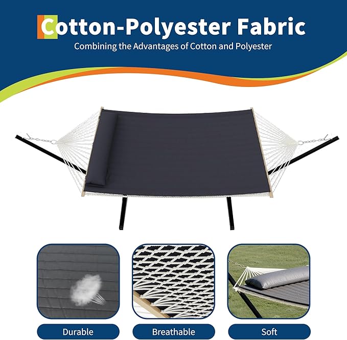 Adventure-Ready Double Hammock with Stand – 2 Person Heavys Duty 475 Lbs Capacity Breathable Cotton Rope &amp Quilted Pad for Camping Backyard or Indoors (Dark Gray)