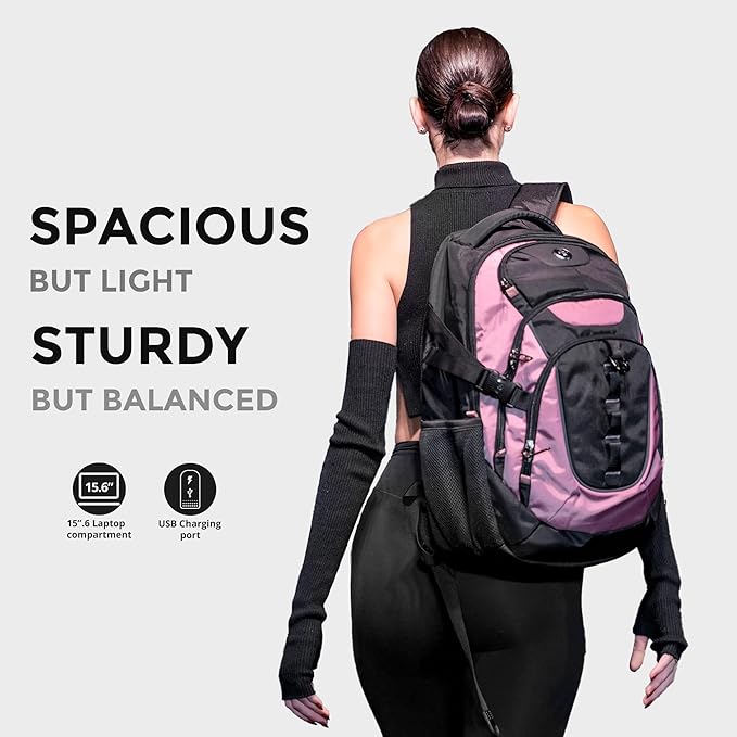 Swissdigital Design Laptop Backpack with USB Charging Port Travel Backpack Fits 15.6 inches Computer 31L College School Backpack for Women Light Purple/Black | SD803-85