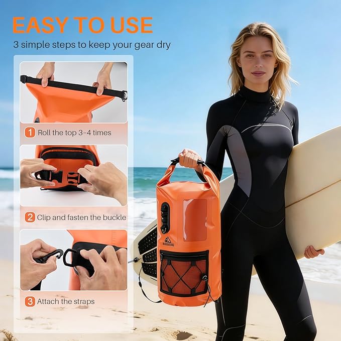 Waterproof Dry Bag 500D PVC Roll Top Dry Sack with 3 Carrying Ways Lightweight Waterproof Bag for Kayaking Swimming Boating Paddle Boarding Hiking Beach(Orange 25L)