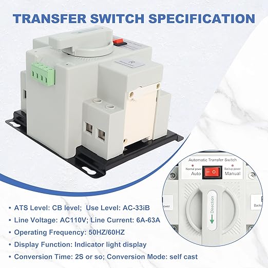 110V Dual Power Automatic Transfer Switch 2P 63A CE Certified ATS Generator Changeover Switch 50Hz/60Hz（White）