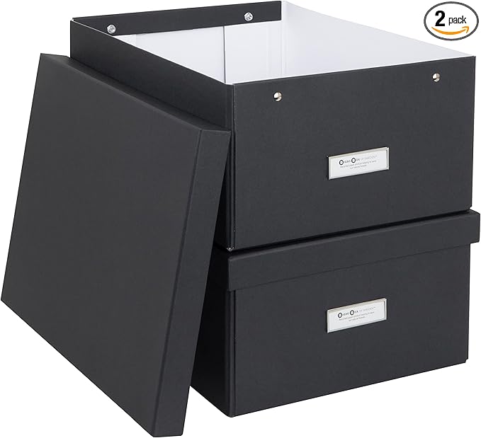 Bigso Katia Collapsible Storage Box with Labelframe for Identification - Simple Assembly without Tools - Decorative Storage Boxes with Lids - 11.3in x 15.4in x 6.4in - 2 Pack - Dark Grey