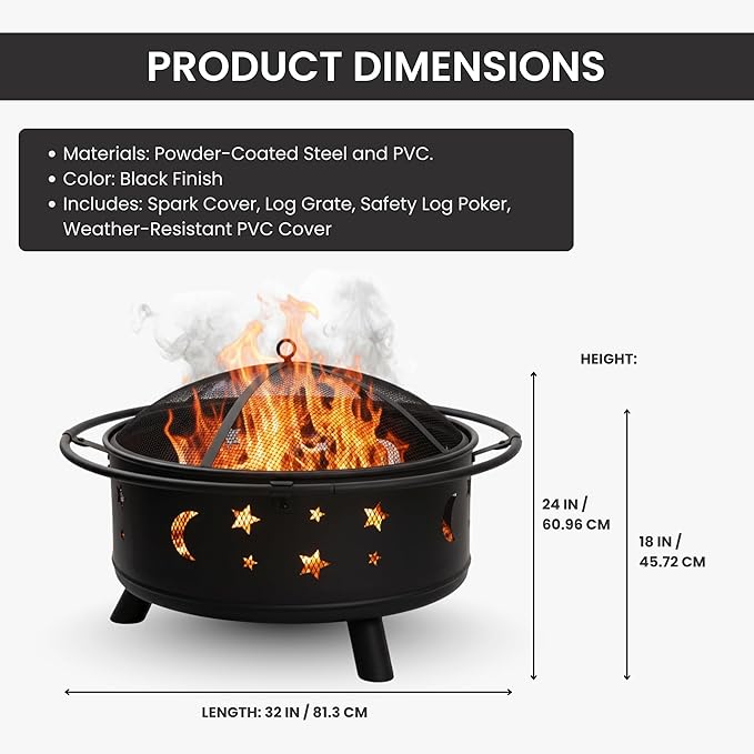 Fire Pit - 32-Inch Outdoor Wood Burning Firepit with Screen Poker and Cover - Outdoor Fire Pits for Backyard Deck or Patio by Pure Garden (Black)