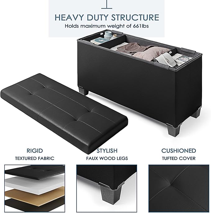 Storage Ottoman Bench with Storage Bins 30-in Storage Bench for Bedroom End of Bed Folding Foot Rest Ottoman with Storage for Living Room Storage Chest Max 660lbs Faux Leather Ottoman Black