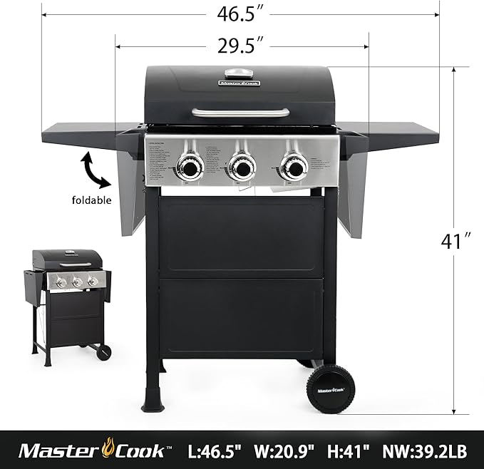 MASTER COOK 3 Burner BBQ Propane Gas Grill 472 Sq. In. Cooking Area 30000 BTU Stainless Steel Barbecue Grill with Two Foldable Shelves for Outdoor Patio Backyard