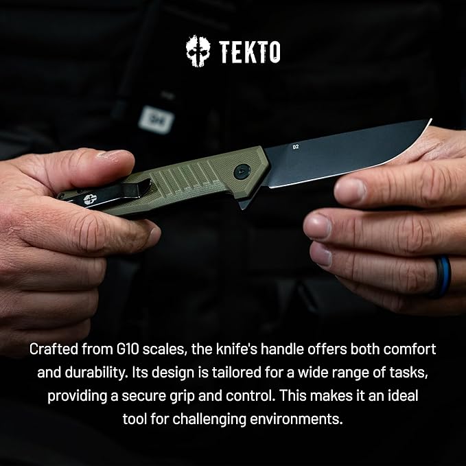 F1 Alpha Folding Pocket Knife - Modified Straight Back Blade Titanium Coated D2 Steel Ideal for Outdoor Camping and Backpacking Tactical G10 OD Green Handle Black Titanium Accents