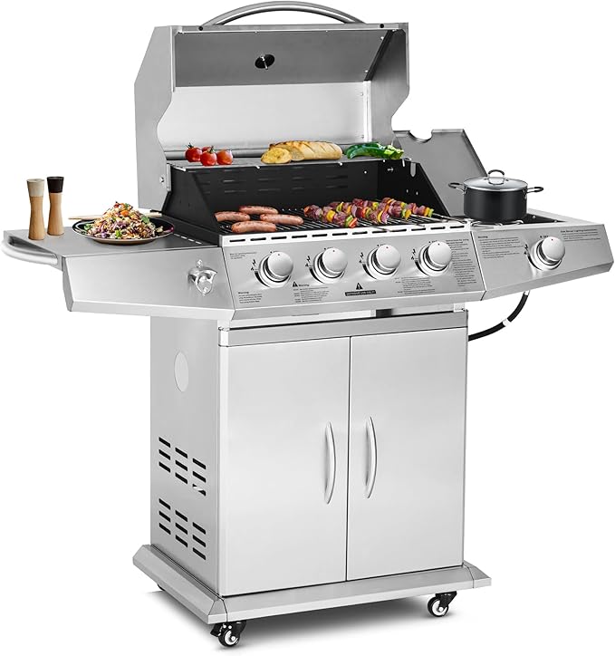 Polar Aurora Propane Gas Grill 4 Burners with Side Burner Stainless Steel Grill Cart with Wheels for Outdoor Patio Garden Backyard Cooking bbq Grill