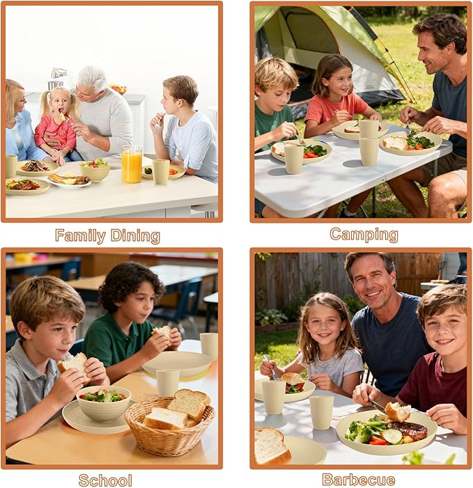 Kitchen Wheat Straw Dinnerware Sets for 4 Unbreakable Kids Dish Set 20 PCS - Dinner Plate/Cereal Bowl/Cup/Fork/Spoon for Outdoor Camping RV Apartment Essentials - Beige