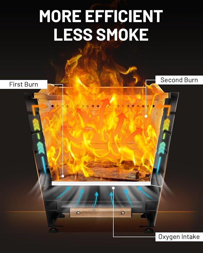 25 Inch Smokeless Fire Pit Stainless Steel Wood Burning Fireplace Portable Outdoor Fire Pit Patio Smokeless Firepit with Pull-Out Ash Tray and Handles Black
