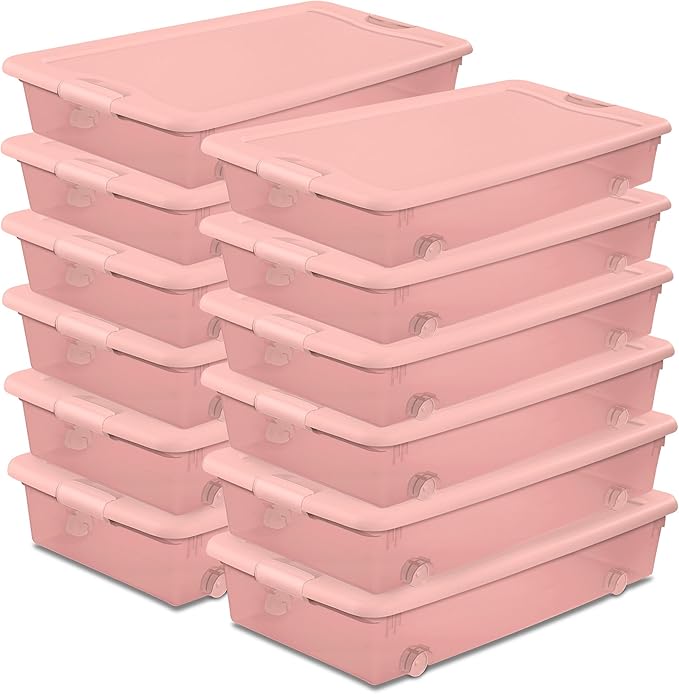 Sterilite 12 Pack Wheeled Under Bed Storage Container 56 Qt Plastic Bin w/Latching Lid for Organization - Clothes &amp Shoes Organizer Pearl Blush Tint