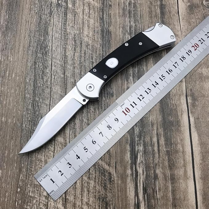 HUAAO Manually Operated Button-Lock Knife Folding Knife 440C Stainless Steel Blade Back lock G10 Handle with Leather Sheath EDC Pocket Knives for Men (Black)