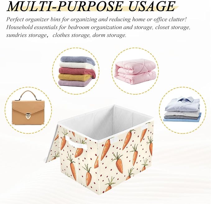 Carrot Cartoon Storage Cube Bins Basket with Lid Collapsible Flip-top Fabric with Handle for Home Bedroom Closet Office 16.5×12.6×11.8 in