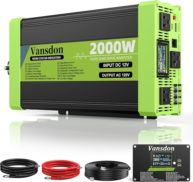 2000W Pure Sine Wave Inverter 12V DC to 120V AC Inverters for RVTruck Solar Home Off-Grid Car Power Inverter with LCD Display 3 AC Outlet 30W USB-C USB Remote Control Surge 4000W
