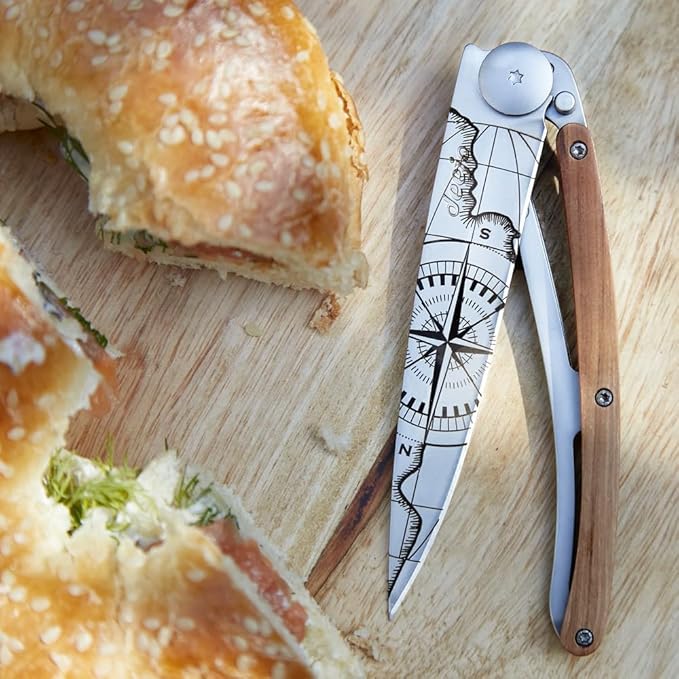 deejo - 37G Folding Pocket Knife with Belt Clip - Terra Incognita Design 3.7-Inch Stainless Steel Blade Olive Wood Handle - Lightweight Everyday Carry for Home Work and Outdoor Use