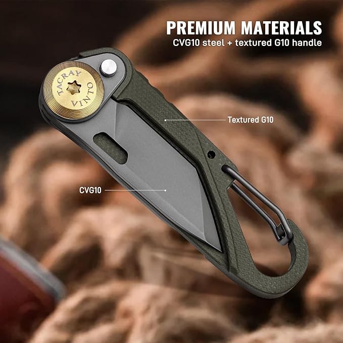 TACRAY Vinto 5-in-1 Small Pocket Knife – Ultra-Light Compact Multitool with Utility Knife Seatbelt Cutter Bottle Opener Flathead Screwdriver &amp Keyring Attachment for Everyday Carry (Green)