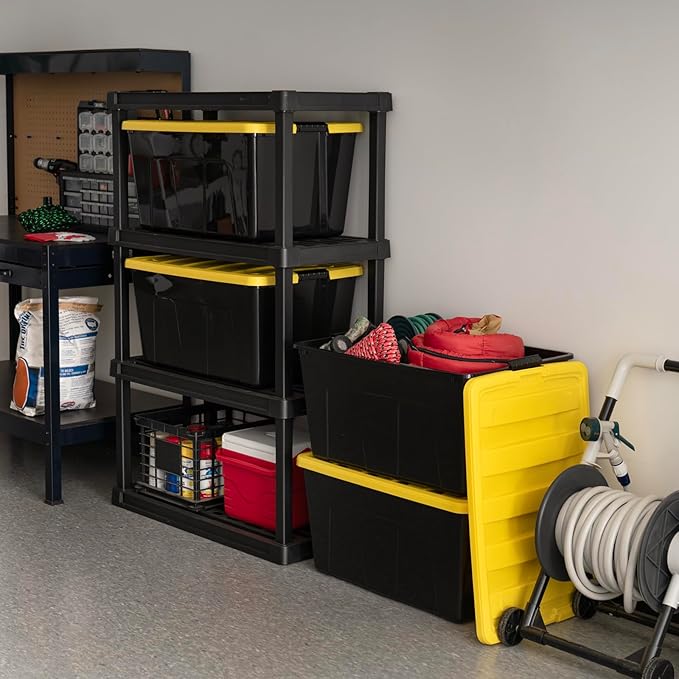 IRIS USA 94 Qt Stackable Plastic Storage Bins with Lids 4 Pack - BPA-Free Made in USA - Garage Organizing Solution Latches Durable Nestable Containers Secure Pull Handle - Black/Yellow