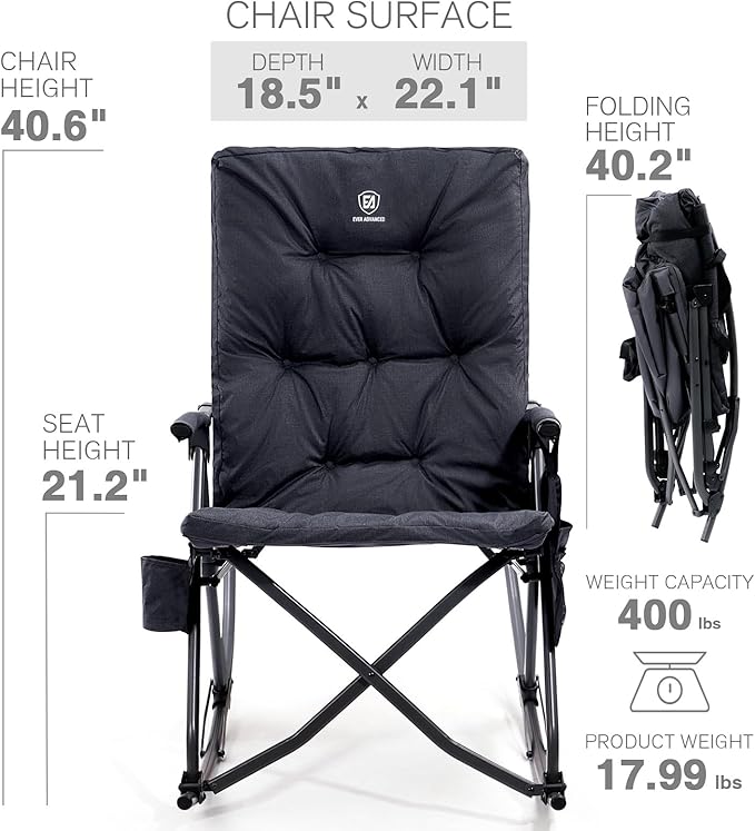 EVER ADVANCED Oversized Folding Rocking Camping Chair Padded Portable Rocker Chairs for Patio Lawn and Outdoors Heavy Duty Hard Armchair for Adults Supports 400lbs Black