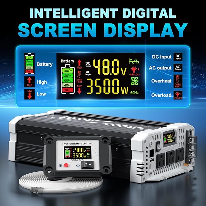 3500 watt Pure sine Wave Inverter 48V DC to 110V AC Power Inverter Used for Solar Emergency Power Supply in RV Homes with 3 AC Output sockets USB Port Type-C Port Remote Control with LCD Screen