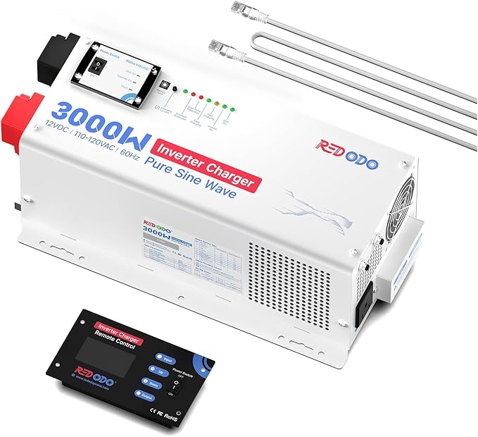 Redodo 3000W Pure Sine Wave Inverter Charger 12V DC to 120V AC Surge 9000W with Remote Control for Off-Grid RV Home Backup Compatible with Lithium &amp Various Batteries
