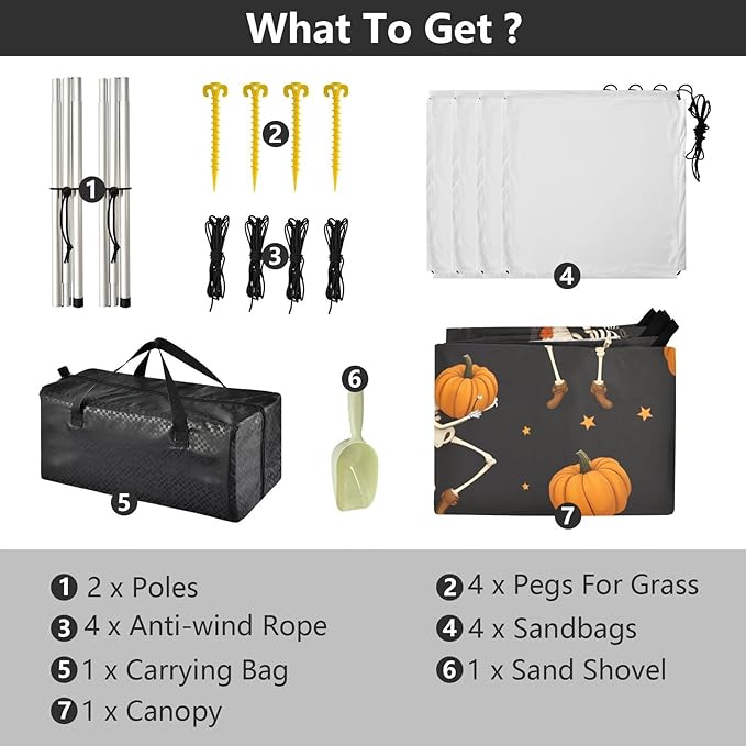 ALAZA Skull Pumpkin Star Pattern Beach Tent Sun Shelter UPF50+ Protection Beach Shade Canopy w/ 4 Sandbags for Outdoor Camping Fishing Backyard Fun Picnic 10x9 ft