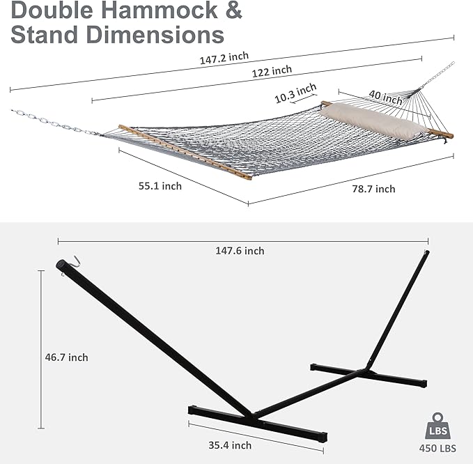 SUNCREAT Rope Hammock with Stand Included Portable Double Hammock with Soft Pillow Gray