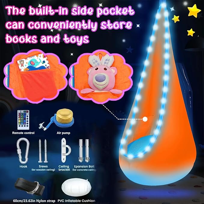 Light Up Swing Chair Hammock Chair Indoor Outdoor for Kids Pod with LED Lights Soft and Safe 176 lb. Load Capacity Easy Installation Perfect for Bedroom Garden and Playroom (Orange)