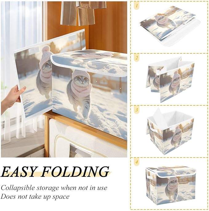 AIXIWAWA Lidded Storage Cube (Winter Cute Cat) Fabric Foldable Closet Bins with Flip Lid and Handles Organizer Basket Container 16.5 x 12.6 x 11.8 IN