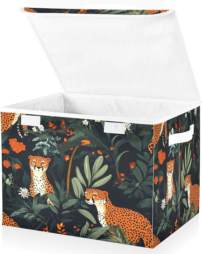 Doodle Leopard and Flower Foldable Storage Baskets Fabric Boxes with Handle Organizers with Flip-Top Lids Storage Bins for Home Bedroom Office