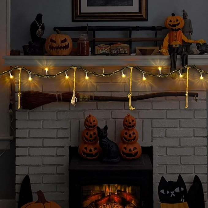 Halloween Indoor Outdoor 6FT Lights Decor 26LED Hanging Skeleton Skull Bones String Lights Battery Operated Spooky Halloween Wreath Door Patio Party Decoration