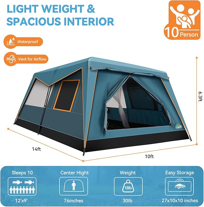 COBIZI 4-6-8-10 Person Camping Tent Spacious Family Tents for Camping Ideal Hiking 3500mm Waterproof Double-Layer Windproof Tent for Hiking &amp Backpacking