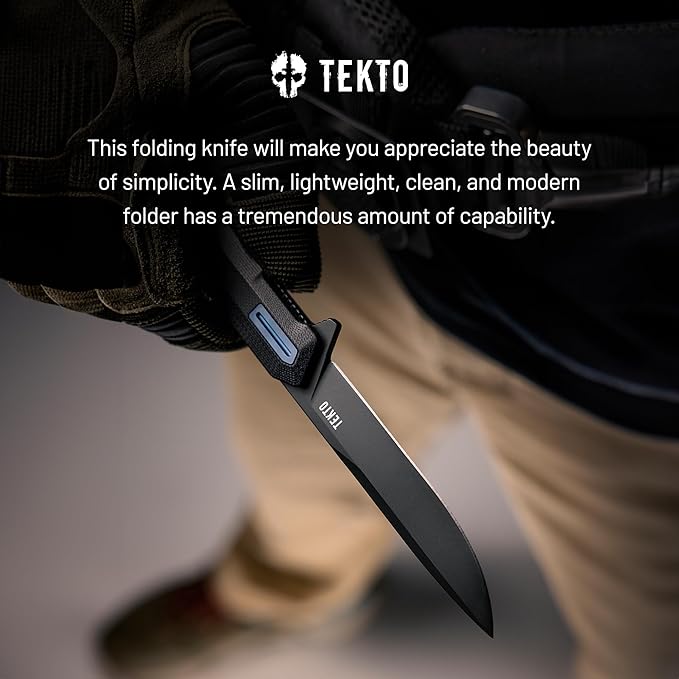 TEKTO F2 Bravo Folding Pocket Knife - D2 Steel Blade Ceramic Ball Bearings - EDC - Snap Swift Flip for Camping Backpacking - 2.4oz (68g) G10 Black Handle Blue Titanium Accents