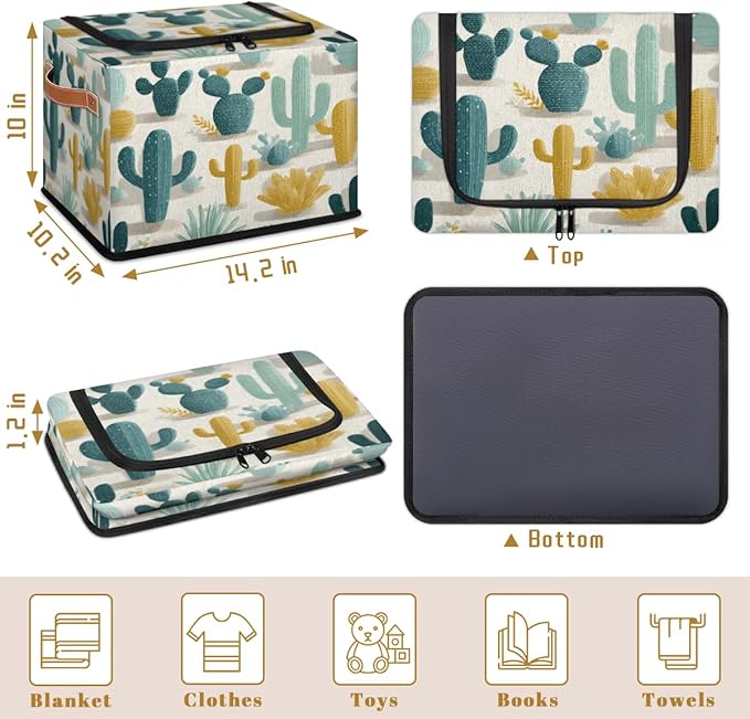 Cactus Storage Bins with Lids Desert Collapsible Cube Storage Basket with Leather Handle Foldable Storage Box with Lids for Organizing Home Closet