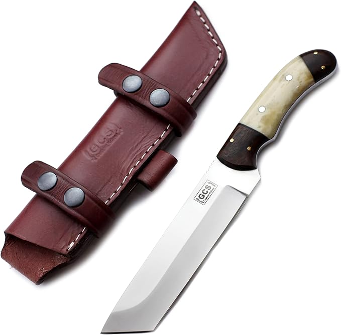 GCS Handmade Camel Bone Full Tang Handle D2 Tool Steel Blade for Hunting Camping and EDC Knife with Leather Sheath - GCS 1