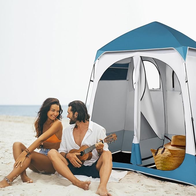 2 Room Pop Up Privacy Shower Tent 7.5 FT Changing Room Tent with Floor and Carry Bag Sun Shade Canopy Outdoor Rain Shelter for Portable Toilet Camping Dressing Hiking Beach (Blue and White)