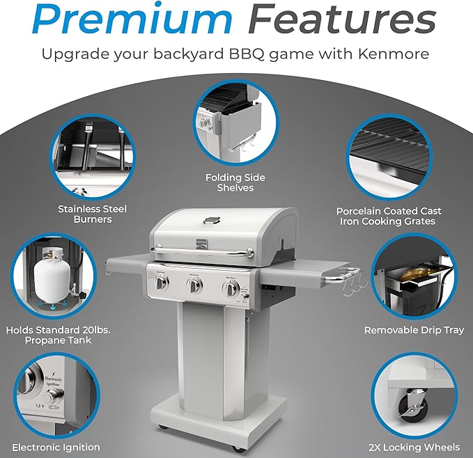 Kenmore 3-Burner Outdoor BBQ Grill | Liquid Propane Barbecue Gas Grill with Folding Sides PG-A4030400LD-PE Pedestal Grill with Wheels 30000 BTU Pearl White