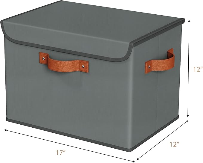 Univivi Heavy Duty Fabric Storage Bins with Lid Large 17 10 Gallon Stackable Storage Cube with Leather Handles Decorative Storage Boxes with Lids for Bedroom Closet Nursery Office 3-Pack(Grey)