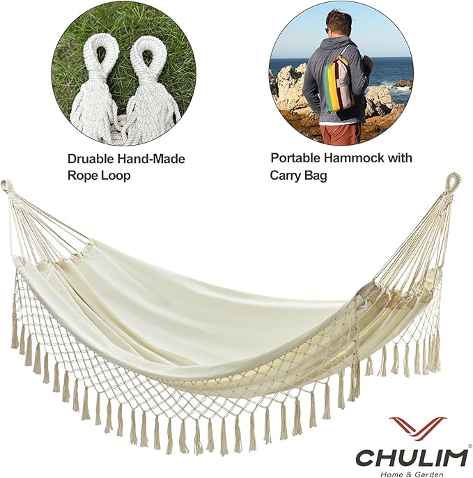 CHULIM Brazilian Double Hammock with Tree StrapsExtra Large 94x63IN2 Persons Hammock for Backyard Patio Outdoor Indoor450lbs Weight CapacitySoft Woven Cotton Fabric - Natrual White with Tassels