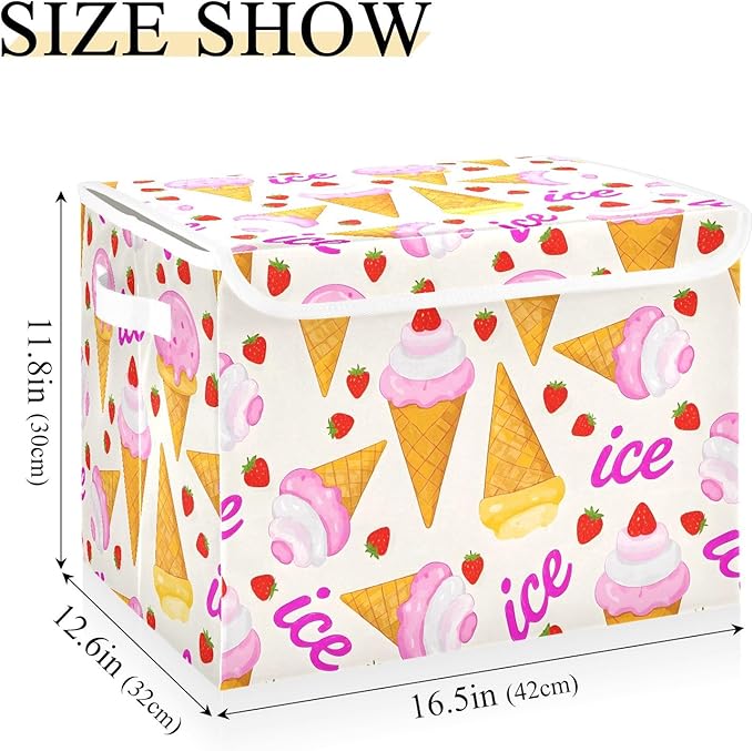 ALAZA Ice Cream Cone Strawberry Storage Bins Organizer Box Baskets Lidded Clothes for Shelves Closet Collapsible Stackable Storage Cubes Handles