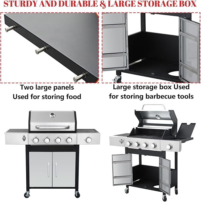 3-Burner Propane Gas BBQ Grill Stainless Steel Propane Grill 36900 BTU Outdoor Cabinet Style with Wheels Wire Rack and Two Foldable Side Table for Outdoor Barbecue Cooking (5-Burner GrillSilver)