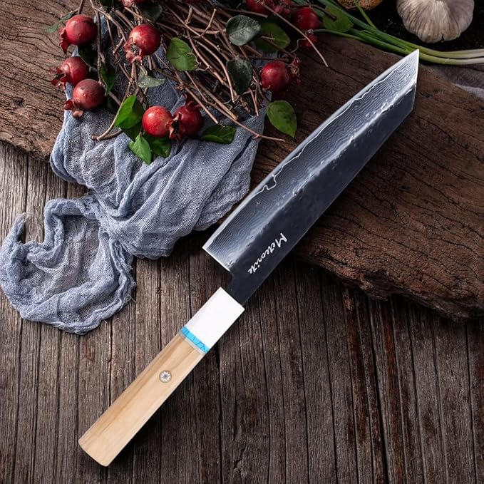 Meteorite Kiritsuke Japanese Multi-Task Knife For Slicing &amp Dicing Prep Hand-Hammered Midnight Damascus Convex Grind Edge Olive Wood Handle – Pro Gift IceRaven 8 Inch