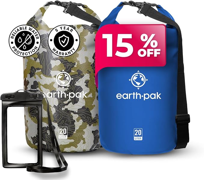 Earth Pak Waterproof Dry Bag - Roll Top Waterproof Backpack Sack (20L Camo &amp 20L Blue)