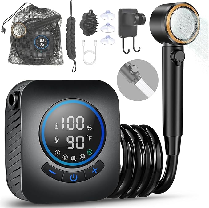 MIAOKE Upgrade Portable Camping Shower 7800mAh Outdoor Electric Shower Rechargeable Pump with Intelligent Digital Display Temperature Display Shower Head for Camping Hiking Traveling