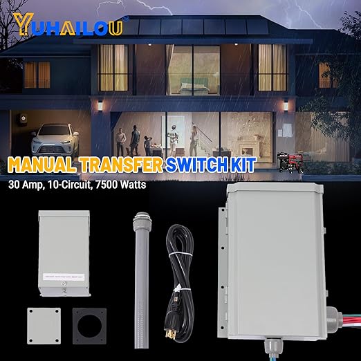 30 Amp Generator Transfer Switch Kit 10-Circuit 7500 Watts Include Weatherproof Inlet Box and 10 Foot Power Cord PVC Conduit Used Indoors or Outdoors NEMA 3R