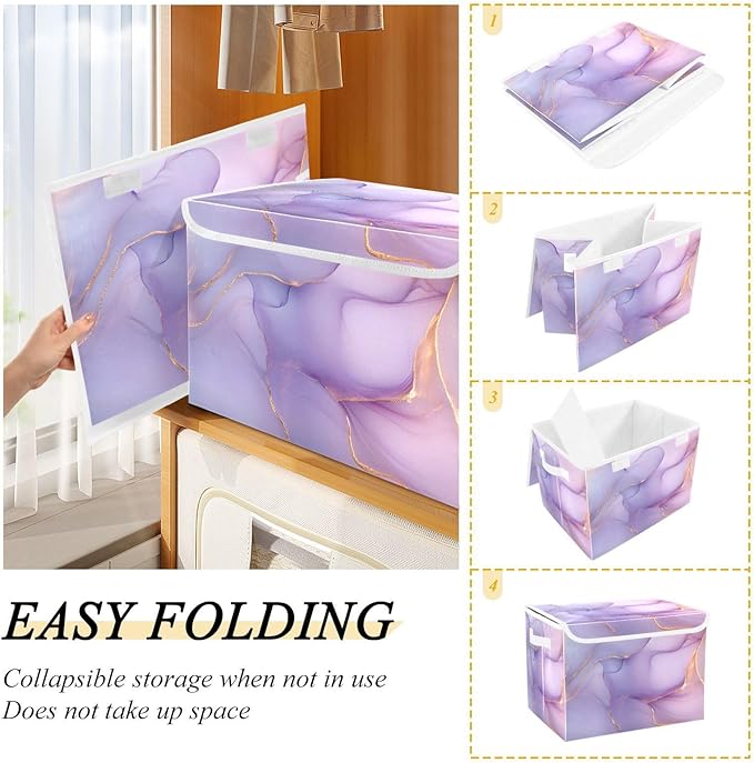 Storage Cube with Lid Luxurious Marble Print 16.5×12.6×11.8 IN Collapsible Large Capacity Foldable Storage Basket Bin Organizer