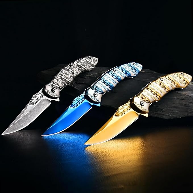 Folding knife 3D relief keel pattern 8Cr14MoV handle material for Camping Finshing Hunting Survival for Men Women (A2)