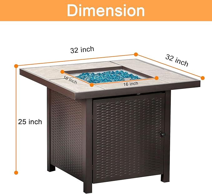 BALI OUTDOORS Propane Gas Fire Pit Table 32 inch 50000 BTU Square Gas Firepits for Outside Brown