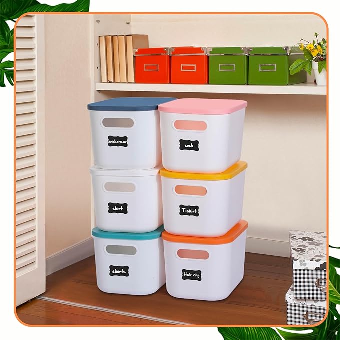 Thyle 12 Pack 7 Quarts Plastic Storage Bins Stackable Baskets with Lid and Handle with Label Colorful Desktop Box Toy Containers for Classroom Shelf Bedroom 10 x 7 x 6 Inch (White)