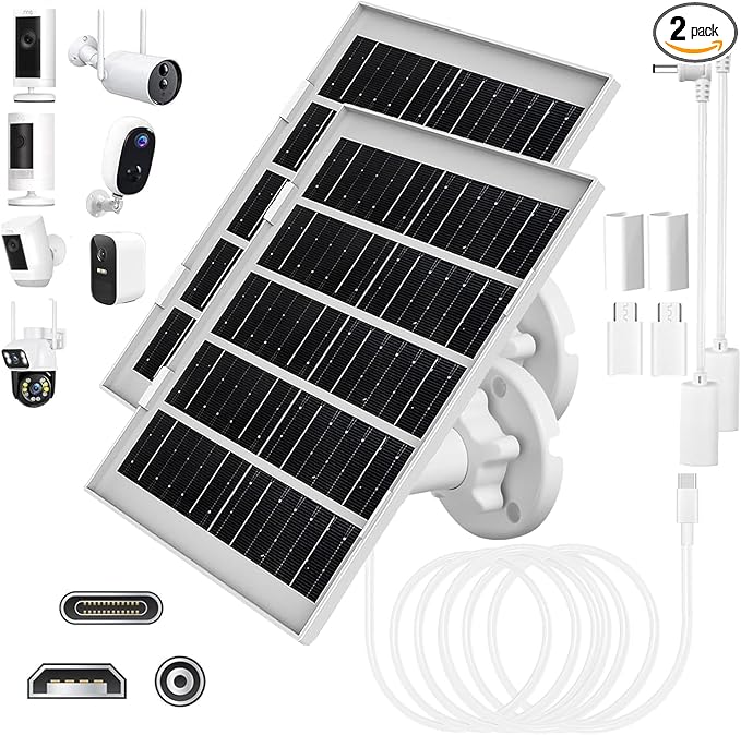 8W Solar Panel Charger for Outdoor Security Cameras with Micro USB/USB-C and DC (35 x 135) Port Fits Ring/Eufy/Wyze/Bird Feeder Camera 13ft Cable Fast Charging (2 Pack)