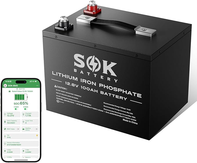 SOK Battery 12V 100Ah LiFePO4 Deep Cycle Lithium Iron Phosphate Battery Built-in Bluetooth Low Temperature Protection &amp Self Heating Function Suitable for RV and Solar &amp Wind Off-Grid Use